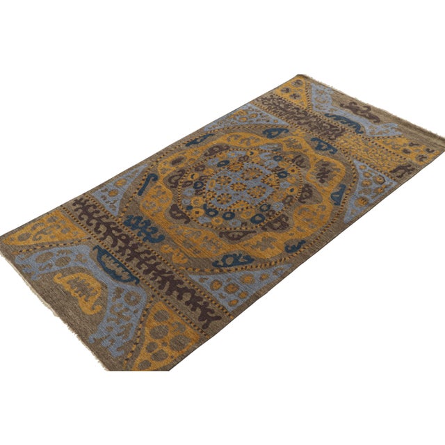 Tribal Rug & Kilim’s Tribal Inspired Rug in Blue, Brown, Gold Geometric Patterns For Sale - Image 3 of 7