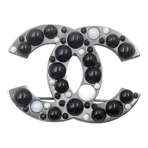 Chanel Gunmetal CC Black White Bead Brooch