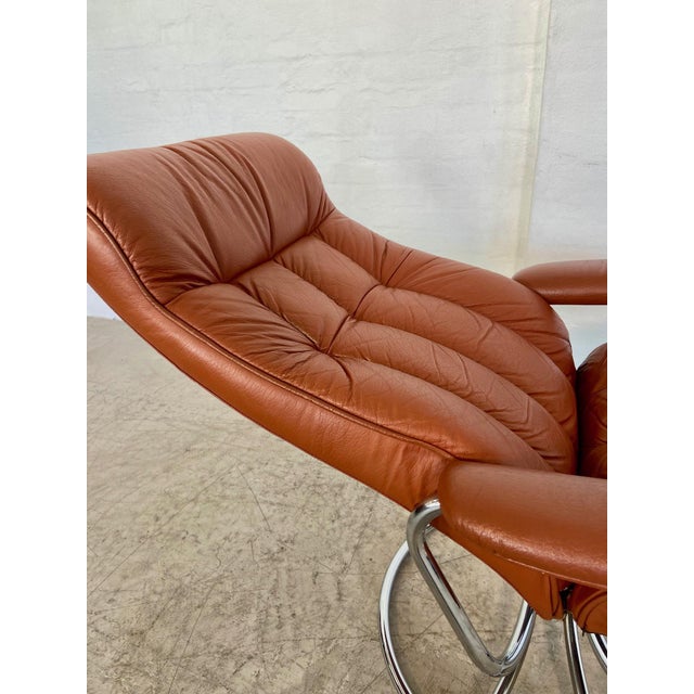 Vintage Cognac Leather Ekornes Stressless Reclining Lounge Chair & Stool 1960,s For Sale - Image 11 of 18
