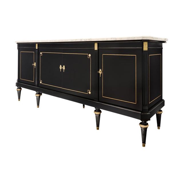 1920s French Louis XVI Style Ebonized Mahogany Breakfront Enfilade With Carrara Marble, Circa 1920 For Sale - Image 5 of 9