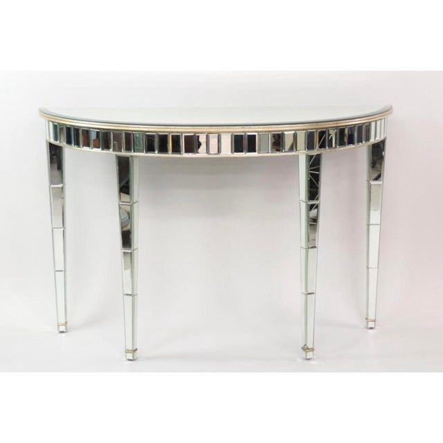 Silver 1930s French Serge Roche Style Hollywood Regency or Art Deco Mirrored Demilune Console Table For Sale - Image 8 of 14