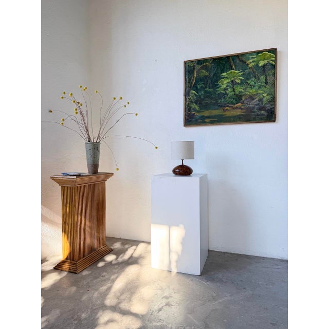 Vintage lamp with a solid olive wood base, dating from the 1970s. Label under the base reads "Handmade in Haute-Savoie."...