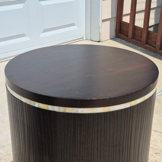 2000s Faux Bois Wood & Mother of Pearl Drum Tables Drink Accent Side Tables, a Pair For Sale In Washington DC - Image 6 of 14