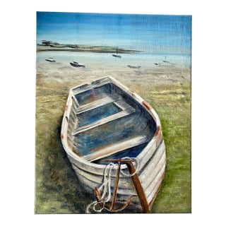 “Left Behind” Coastal Rowboat Oil Painting by Sandra Wright For Sale