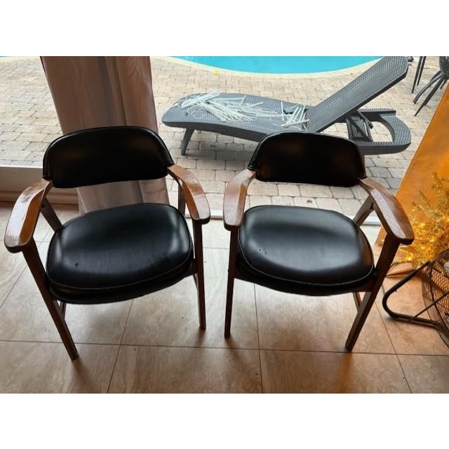 Mid-Century Modern Vintage Pair of Hon Mid Century Solid Walnut Dinning/Guest Chairs Black Vinyl For Sale - Image 3 of 11