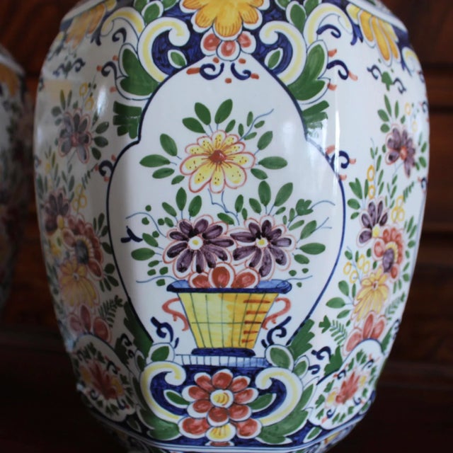 Blue Large Delft Polychrome Covered Jars With Lion Finials- a Pair For Sale - Image 8 of 13