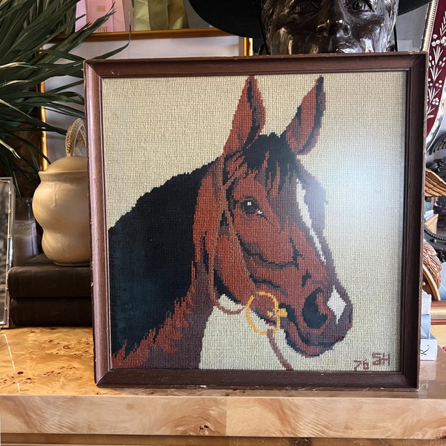 Brown Framed Vintage Equestrian Needlepoint Horse Portrait, Signed & Dated 1978 For Sale - Image 8 of 8