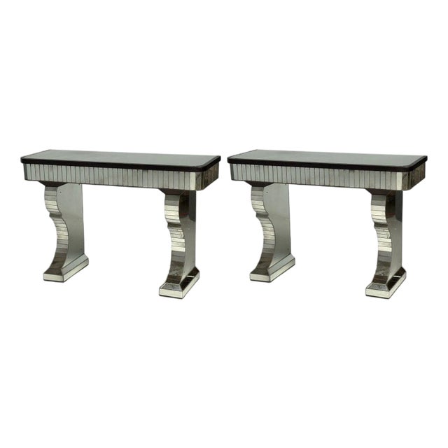 Serge Roche Style, Distressed Glass, Painted Wood, Mirrored Console Tables For Sale