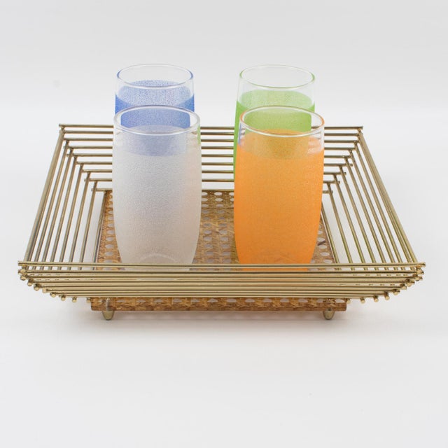 Mid-Century Modern Italian Lucite, Rattan and Brass Barware Serving Tray, circa 1970 For Sale - Image 3 of 10