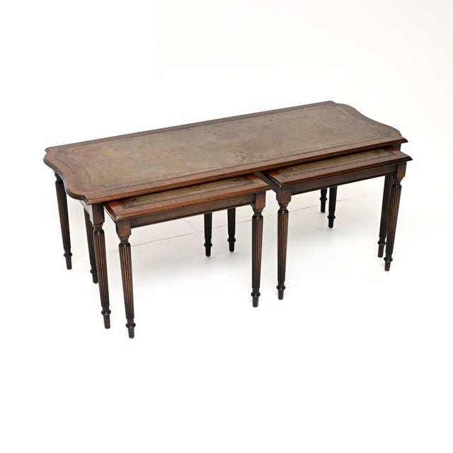 Antique Mahogany Leather Top Nesting Coffee Table, 1930, Set of 3 For Sale - Image 11 of 11