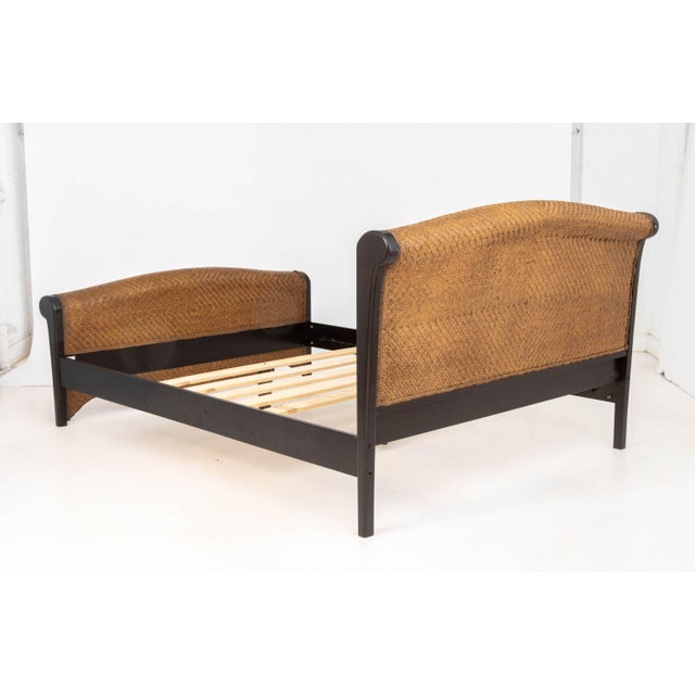 Rattan and Ebonized Wood Queen Sleigh Bed Frame For Sale - Image 11 of 11
