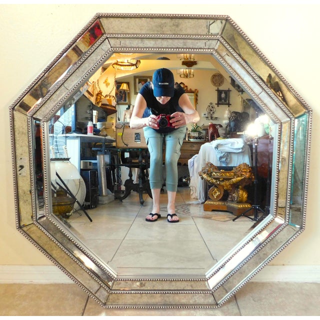 Wonderful large vintage silver wood octagon decorative hanging wall mirror. Wonderful octagon shape with three different...