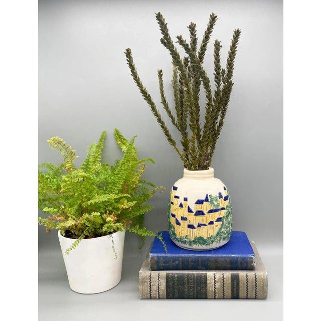 Charming, handmade studio pottery vase depicting a church, cathedral or monastery. Signed on the underside and dated 1995....