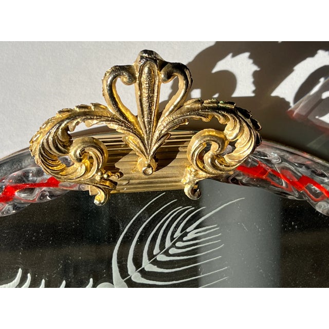 Hollywood Regency 1950 Murano Venini Mirrored Vanity Tray Twisted Ruby Glass Rope Etched Scene For Sale - Image 9 of 10