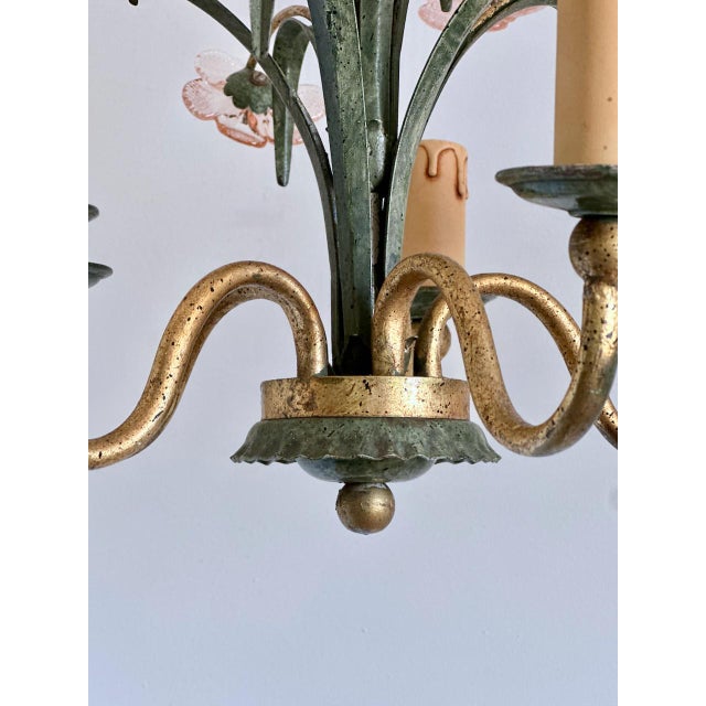 Forest Green Italian Pink Glass Floral Chandelier with Gilt Tole Leaves from Banci Firenze, 1970s For Sale - Image 8 of 16