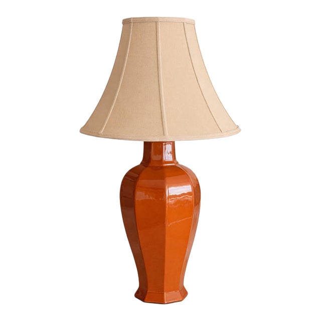 Late 20th Century Faceted Terracotta Glaze Architectural Table Lamp With Original Shade For Sale