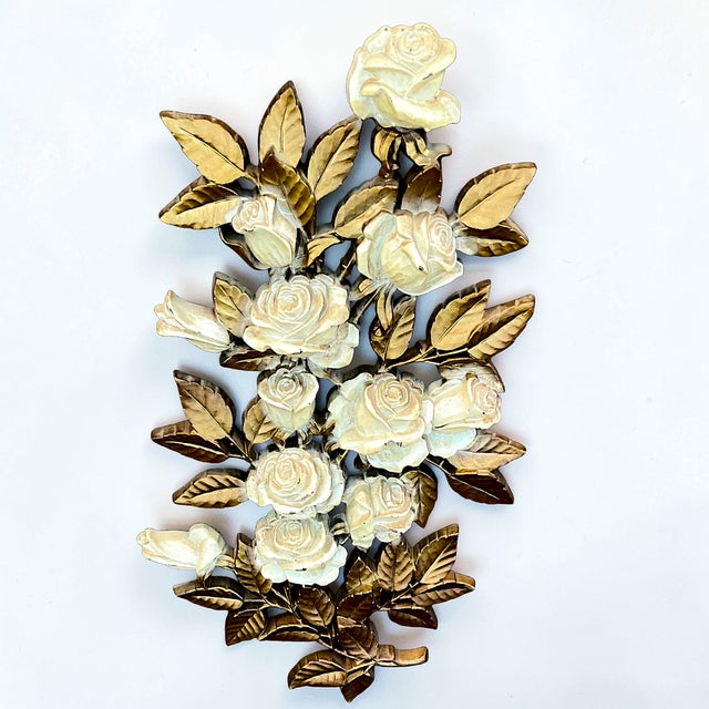 Vintage Mid 20th Century Cream Roses and Gold Leaves Wall Hanging Decor by Homco #7286 For Sale - Image 11 of 11