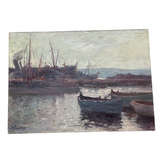 Joseph Perrachon, Boats, View of Port, 20th Century, Painting For Sale