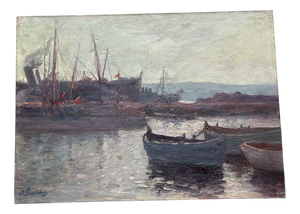 Joseph Perrachon, Boats, View of Port, 20th Century, Painting
