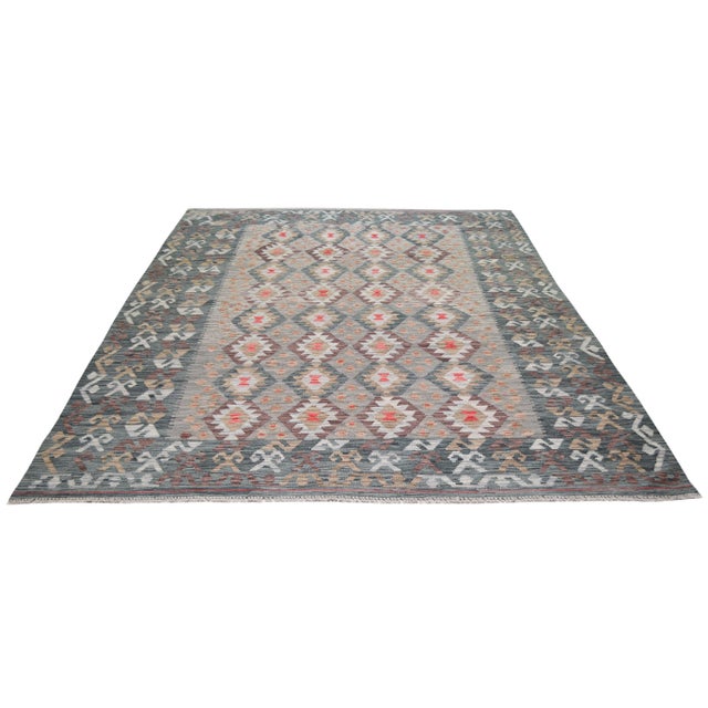 Vintage Afghan Maimana tribal hand woven kilim with natural colors,organic wool and geometric pattern.