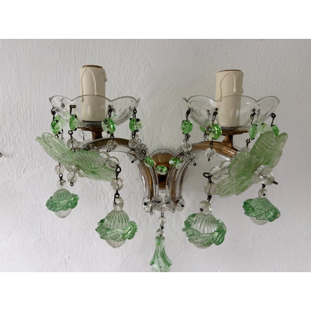 C 1920 Rare Pair Green Murano Flowers Ribbon Crystal Sconces One of Kind For Sale - Image 11 of 12