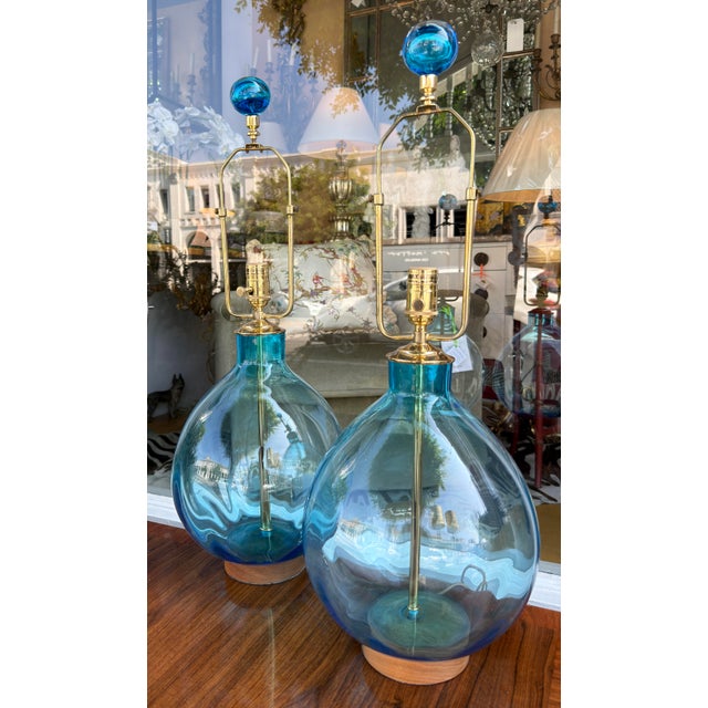 Cerulean Pair of Arteriors Cerulean Blue Glass Tables Lamps For Sale - Image 8 of 9