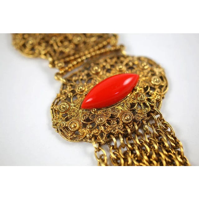 1950s 1950s Goldtone Filigree and Faux Coral Pendant Necklace For Sale - Image 5 of 9
