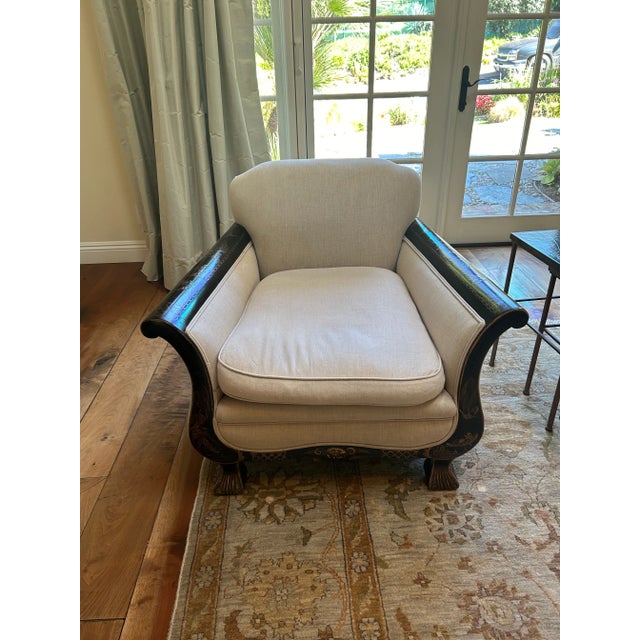 19th century English black Raised Chinoiserie sofa chairs, linen upholstery, perfect condition