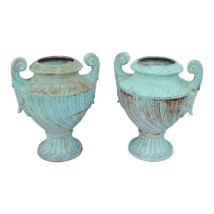 Mid 20th Century Neoclassical Style Large Verdigris Cast Iron Urn Garden Planters - A Pair