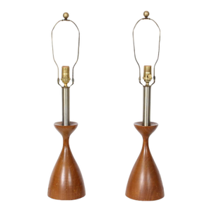 1950s Adrian Pearsall Style Turned Walnut and Steel Candlestick Lamps - a Pair