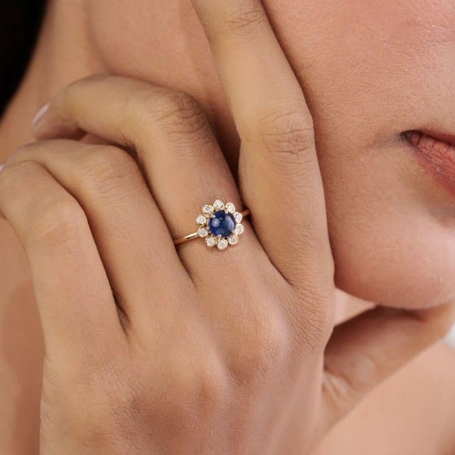 Victorian Victorian-Inspired 1.22Ct Blue Sapphire & Diamond Floral Ring in 14k Gold Size 5.5 For Sale - Image 3 of 17