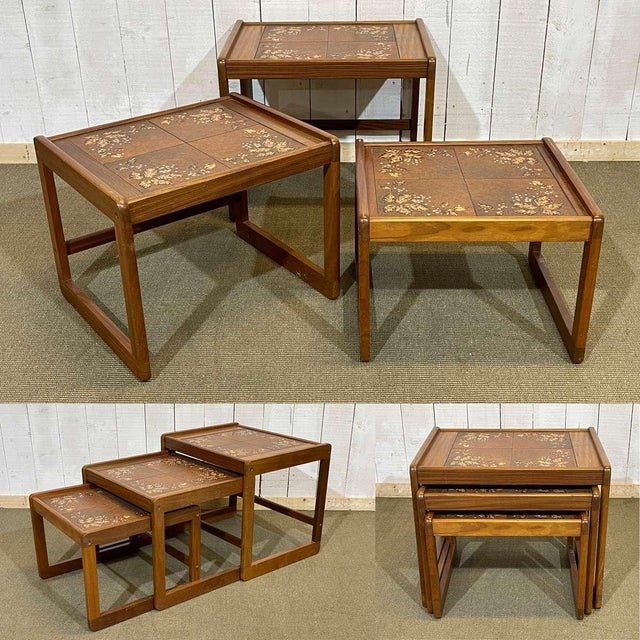 Teak Nesting Tables with Tiled Tops, 1970s, Set of 3 For Sale - Image 3 of 11