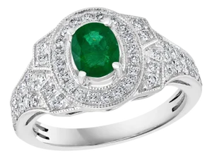 0.80 Carat Oval Cut Emerald and 0.85 Carat Diamond Ring 18 Karat White Gold