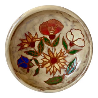 Vintage Decorative Pottery Bowl Signed Martine Azema Vallauris France Swirl Glaze Painted Floral Interior 8” For Sale