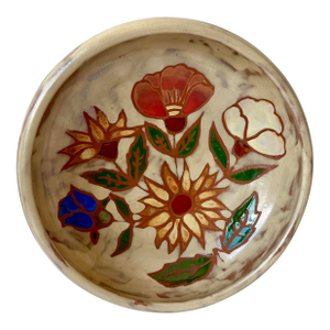 Vintage Decorative Pottery Bowl Signed Martine Azema Vallauris France Swirl Glaze Painted Floral Interior 8”
