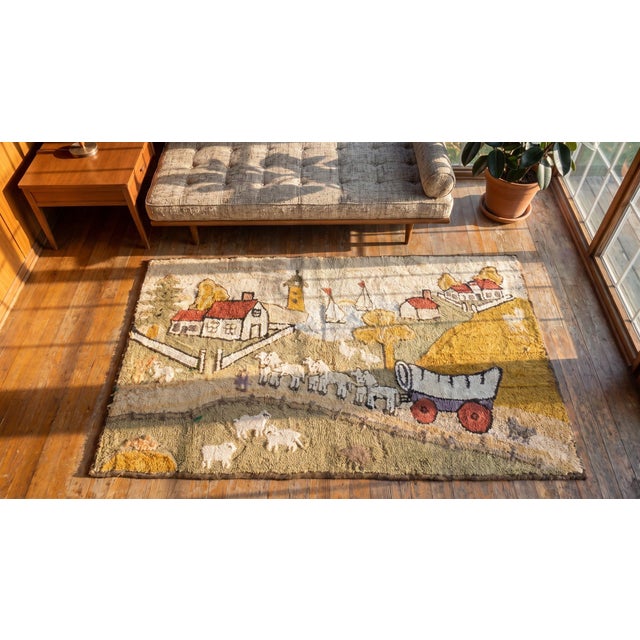 Artistic Small Size Pictorial Antique American Folk Art Prairie Town Farm Animal Scene Hooked Rug For Sale - Image 13 of 13