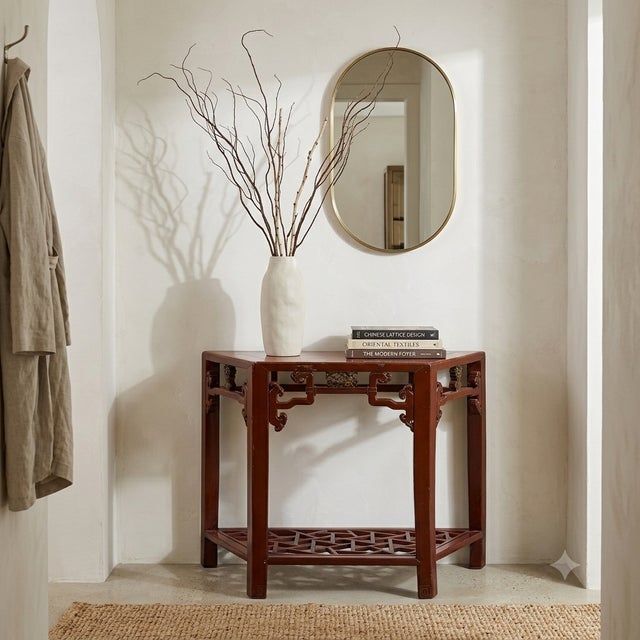 Distressed Reddish Brown Trapezoidal Geometric Lattice Panel Console Table For Sale In San Francisco - Image 6 of 13