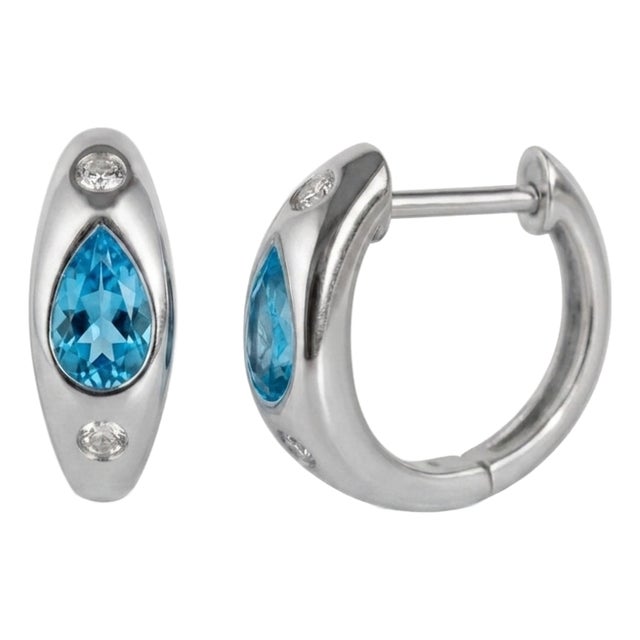 Swiss Blue Topaz Huggies Hoops, Chunky Statement Earrings for Woman - A Pair For Sale