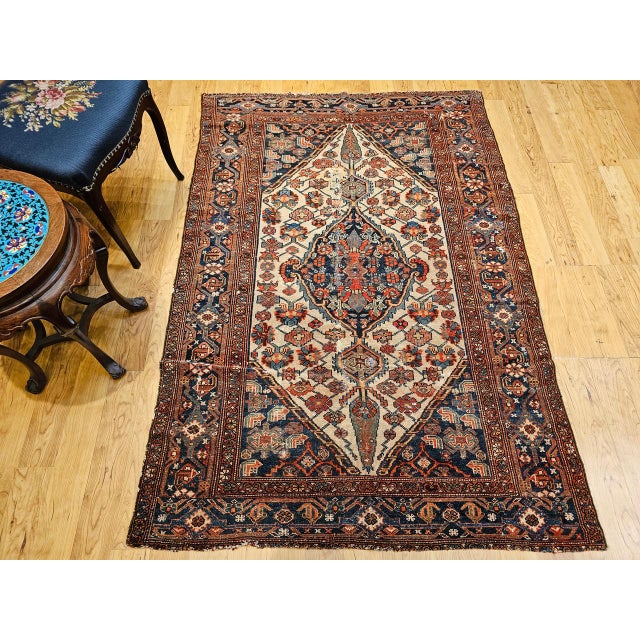 Antique Malayer Rug, Hand-Knotted Wool, Geometric Pattern, 4x6, Ivory & Navy For Sale - Image 9 of 18