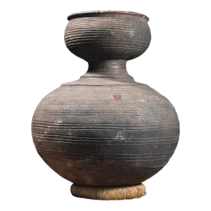 Antique African Nupe Double Gourd Clay Water Jar With Stand