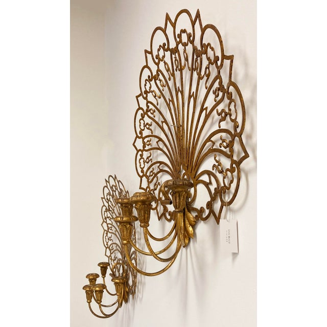 Hollywood Regency Vintage Grand Gilt Fan Wall Candle Candelabras, Pair For Sale - Image 3 of 9