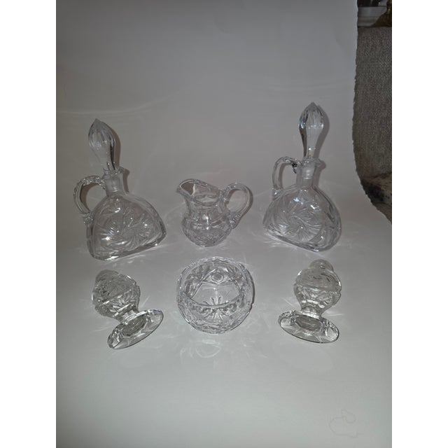 English 1980s Cut Crystal Salt, Pepper, Creamer, Bowl, and Cruets - 6 pcs For Sale - Image 3 of 7