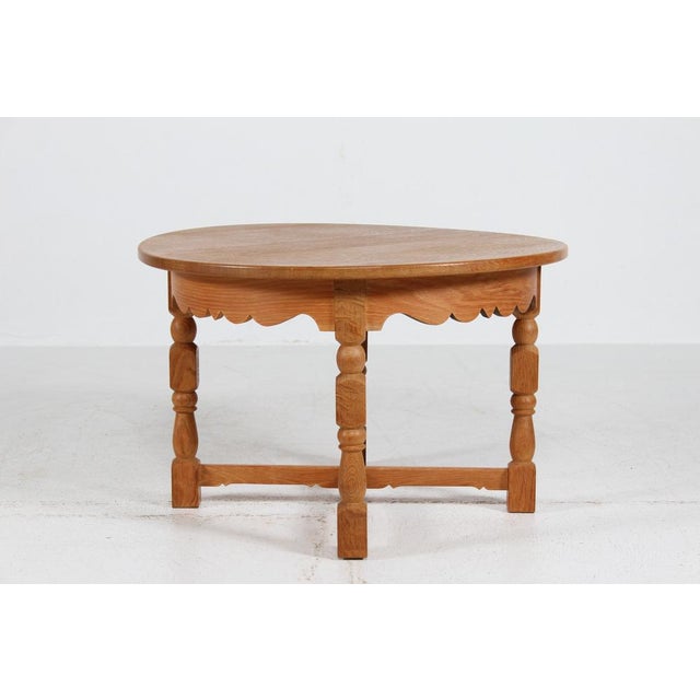 Axel Einar Hjorth Brutalist Round Oak Coffee Table in the style of Henning Kjærnulf from Axel Einar Hjorth, Denmark, 1970s For Sale - Image 4 of 12