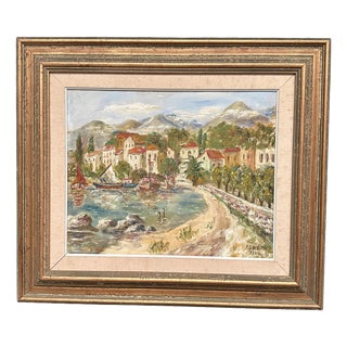Kewe, Coastal Village, 1984, Oil Painting on Panel, Framed For Sale