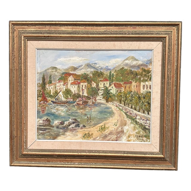 Kewe, Coastal Village, 1984, Oil Painting on Panel, Framed For Sale