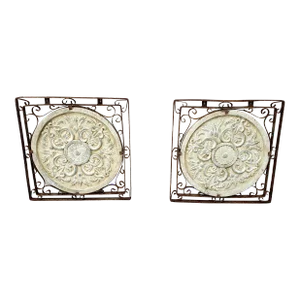 1980s Vintage Pair of Square Iron Framed Terracotta Relief Botanical Medallion Wall Hangings