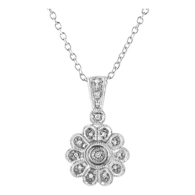 .925 Sterling Silver Diamond Accent Sunburst Milgrain 18" Pendant Necklace For Sale