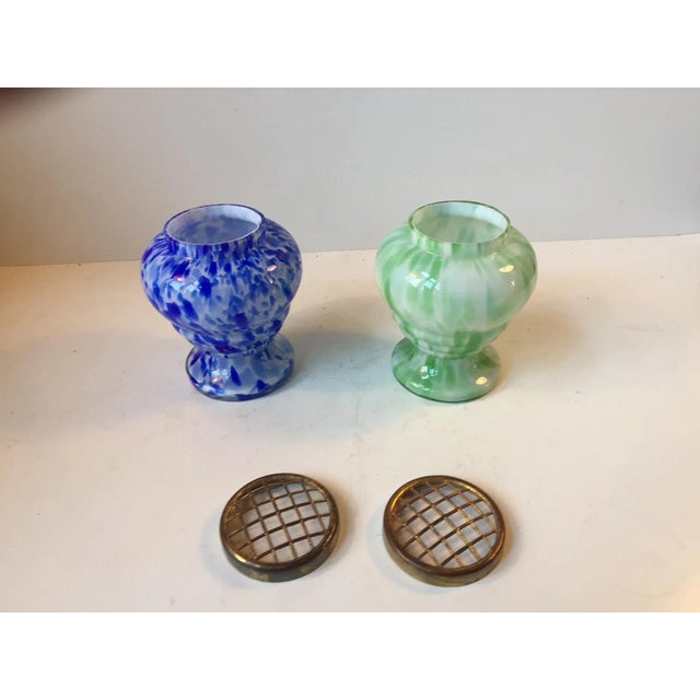 1960s Czech Art Glass Vases with Brass Wire Mesh by Ruckl, Set of 2 For Sale - Image 5 of 9