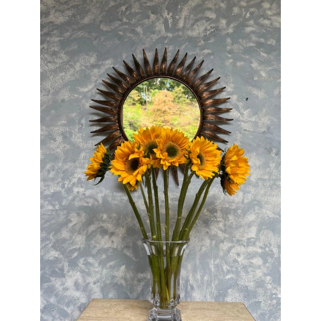 Mid-Century Modern Large Spanish Round Mid Century Modern Copper Plated Sunburst Mirror For Sale - Image 3 of 10