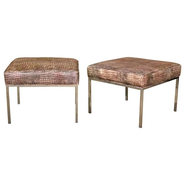 Milo Baughman Style Faux Crocodile Upholstered Chrome Stools Ottomans - a Pair For Sale - Image 9 of 9